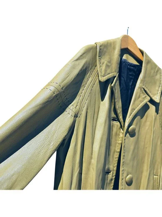 70s Light Yellow Green Leather Trench Coat Black Satin Lined Bespoke Women's M/L - Picture 2 of 13